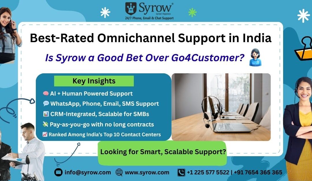 Banner comparing Syrow vs Go4Customer, highlighting Syrow's top-rated omnichannel support with AI + human service, WhatsApp, email, phone, and pay-as-you-go features.