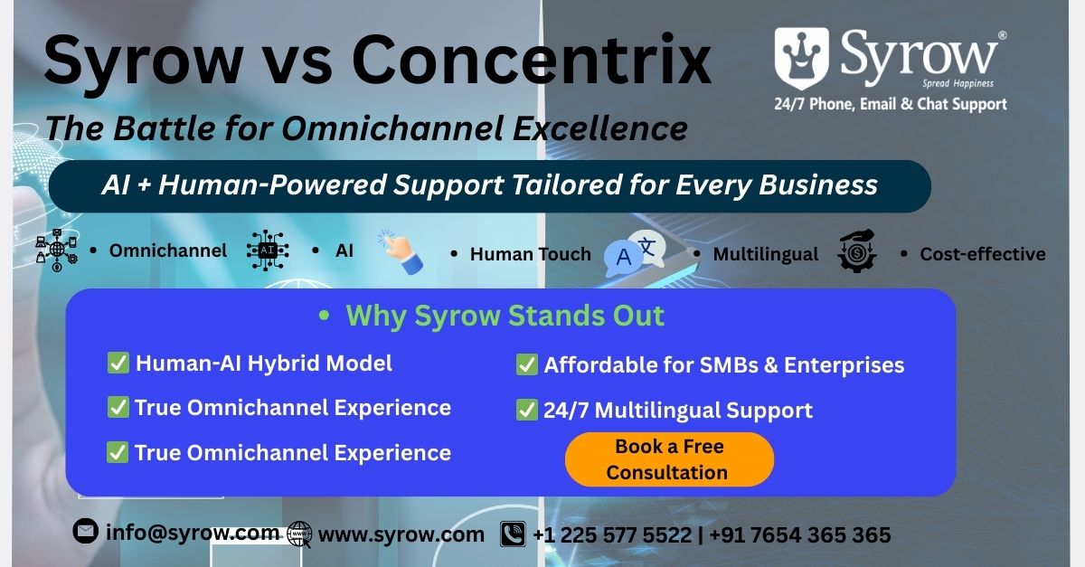 Syrow vs Concentrix comparison highlighting the best outsourcing provider in India for AI-powered omnichannel customer support and 24/7 services.