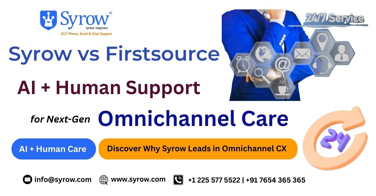 "Syrow vs Firstsource comparison poster highlighting AI + Human Support for Next-Gen Omnichannel Care. Features Syrow branding, 24/7 service icons, and call-to-action buttons: 'AI + Human Care' and 'Discover Why Syrow Leads in Omnichannel CX'. Includes Syrow contact info and website."