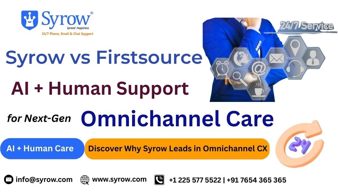 Syrow vs Firstsource comparison banner highlighting AI + Human Support for next-gen omnichannel care and customer experience leadership.