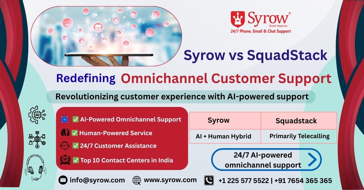 "Syrow vs SquadStack comparison showing AI-powered omnichannel support vs telecalling, with Syrow’s 24/7 human-AI hybrid service details."