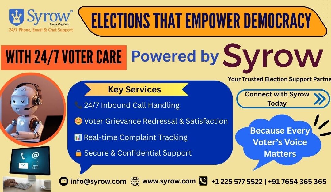 "Promotional banner for Syrow’s 24/7 Voter Care Election Support Services. Highlights include key services such as inbound call handling, voter grievance redressal and satisfaction, real-time complaint tracking, and secure confidential support. Features tagline ‘Elections That Empower Democracy’ and emphasizes ‘Because Every Voter’s Voice Matters.’ Contact details and Syrow branding included, encouraging viewers to connect for trusted election support."