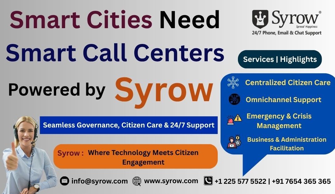Smart Cities need smart call centers powered by Syrow. Poster highlights centralized citizen care, omnichannel support, emergency and crisis management, and business facilitation. Includes Syrow’s 24/7 phone, email, and chat support services with tagline “Where Technology Meets Citizen Engagement.”