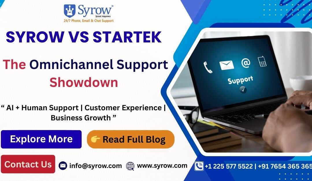 Syrow vs Startek comparison banner highlighting the omnichannel support showdown with AI + Human Support, customer experience, and business growth.