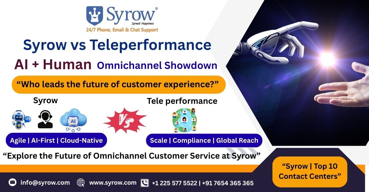 "Syrow vs Teleperformance AI + Human Omnichannel customer support showdown poster highlighting future of customer experience."