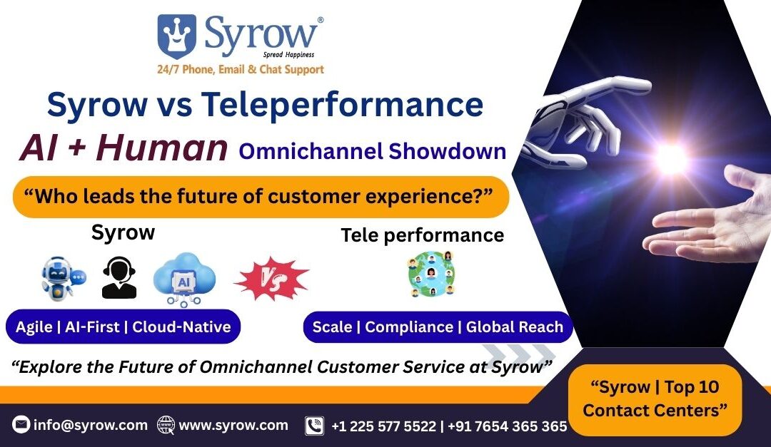 "Syrow vs Teleperformance AI + Human Omnichannel customer support showdown poster highlighting future of customer experience."