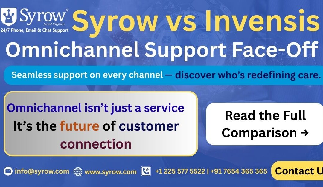 "Syrow vs Invensis Omnichannel Support Face-Off banner. Text highlights seamless support on every channel and states: Omnichannel isn’t just a service, it’s the future of customer connection. Includes Syrow logo, contact details, and a call to action to read the full comparison."