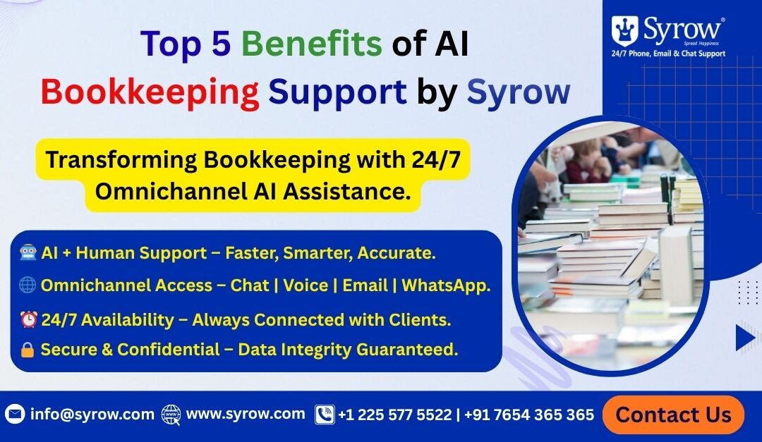 Promotional banner titled “Top 5 Benefits of AI Bookkeeping Support by Syrow.” The poster highlights how Syrow transforms bookkeeping with 24/7 omnichannel AI assistance. Key points include AI + Human Support for faster and smarter service, omnichannel access via chat, voice, email, and WhatsApp, 24/7 availability, and secure, confidential data handling. The design features stacks of books symbolizing bookkeeping accuracy, along with Syrow’s logo, contact details, and a “Contact Us” button at the bottom.