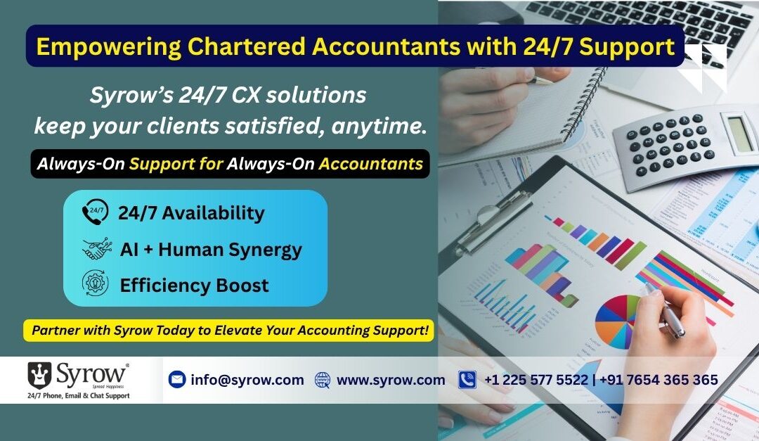 Blog poster highlighting Syrow’s 24/7 customer support solutions for Chartered Accountants. The design features the title “Empowering Chartered Accountants with 24/7 Support,” key benefits like 24/7 availability, AI + Human synergy, and efficiency boost, along with Syrow’s contact details and a visual of accounting charts and reports.