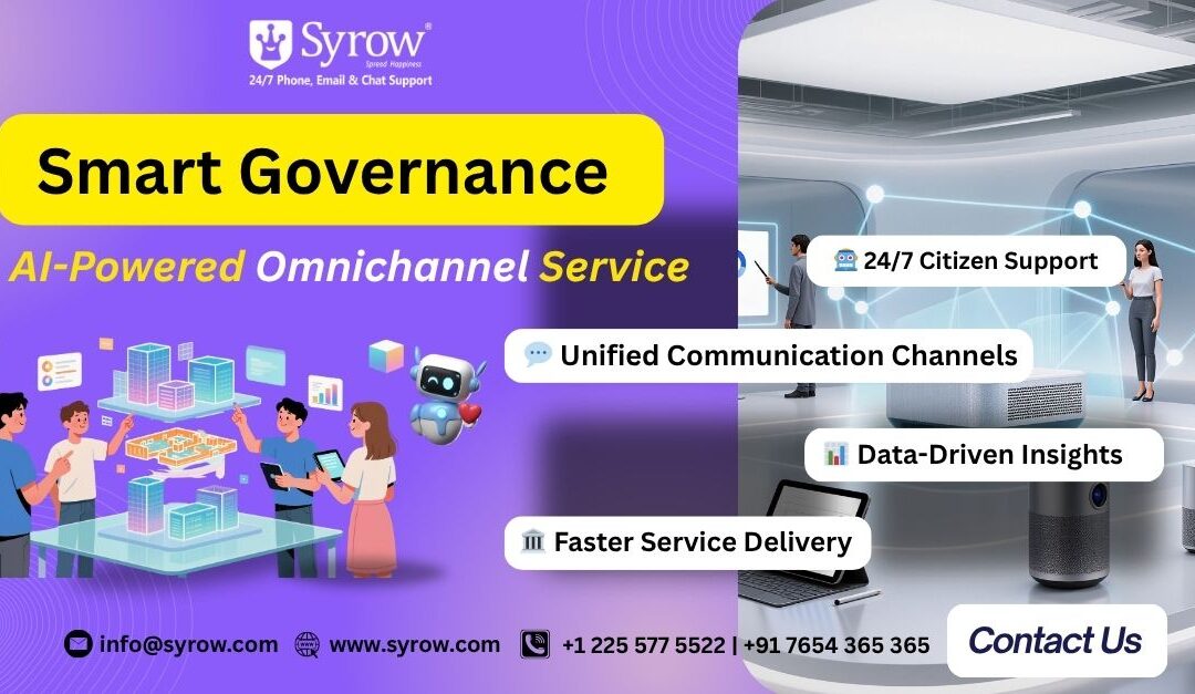 Smart Governance AI-powered omnichannel service poster by Syrow showcasing 24/7 citizen support, unified communication channels, data-driven insights, and faster service delivery for government services. Includes Syrow’s contact details and branding for AI + human customer support solutions.