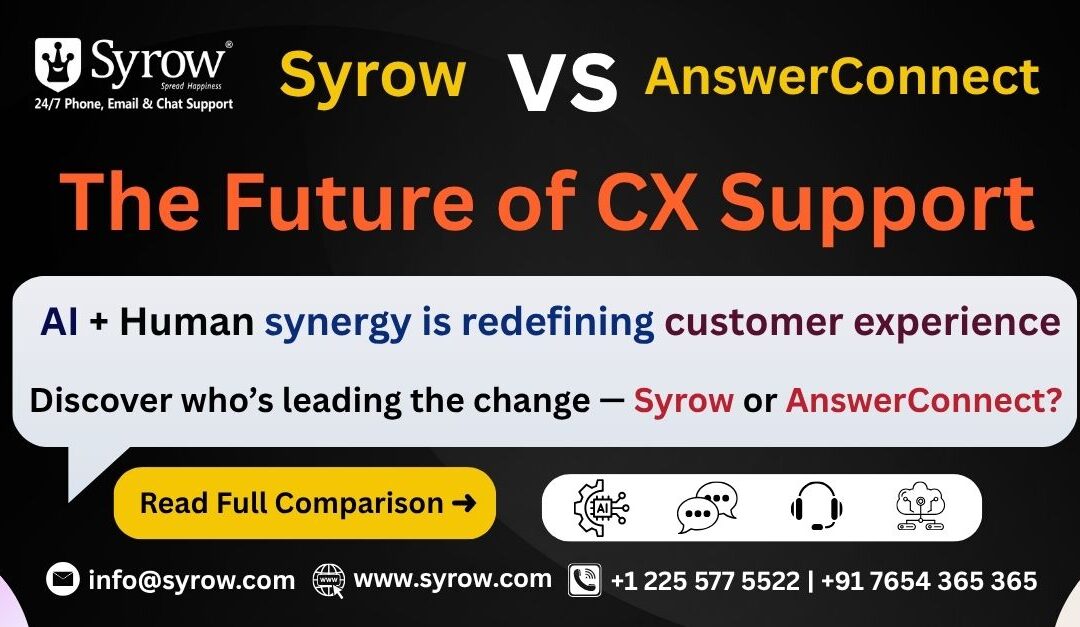 “Promotional banner comparing Syrow and AnswerConnect titled The Future of CX Support. The image highlights that AI + Human synergy is redefining customer experience and invites viewers to discover who’s leading the change — Syrow or AnswerConnect. Includes a button saying ‘Read Full Comparison’ and Syrow’s contact details: info@syrow.com , www.syrow.com , +1 225 577 5522, +91 7654 365 365.”