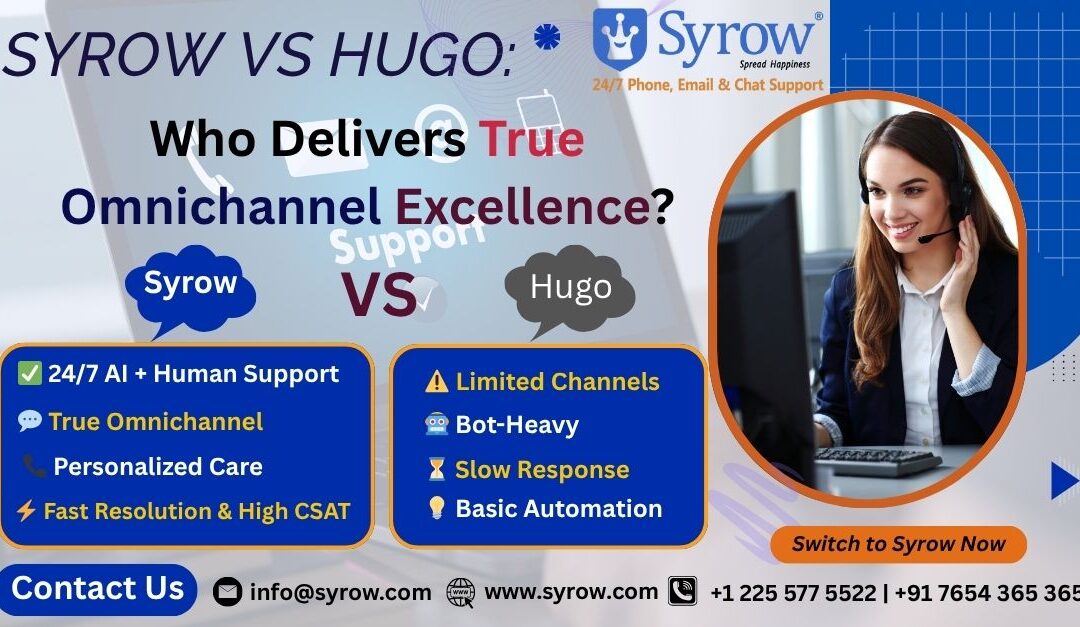 “Comparison poster of Syrow vs Hugo showcasing omnichannel customer support excellence. Syrow offers 24/7 AI + human support, true omnichannel experience, personalized care, and fast resolution with high CSAT, while Hugo provides limited channels, bot-heavy support, slow responses, and basic automation. Includes Syrow branding, contact info, and a call-to-action to switch to Syrow now.”