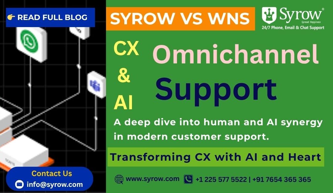 Syrow vs WNS blog poster highlighting CX, AI, and Omnichannel Support — exploring human and AI synergy in modern customer service. Includes contact info, website link, and tagline ‘Transforming CX with AI and Heart’.