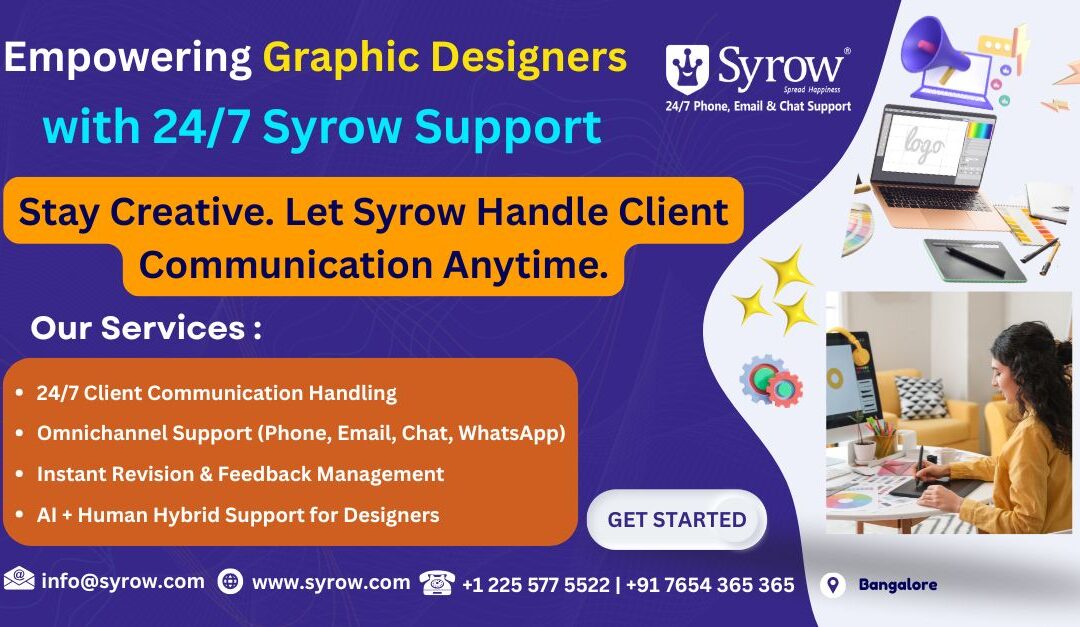 "Poster promoting Syrow’s 24/7 omnichannel support for graphic designers, featuring bold headings, service highlights, creative workspace visuals, and icons representing communication, design tools, and customer support."