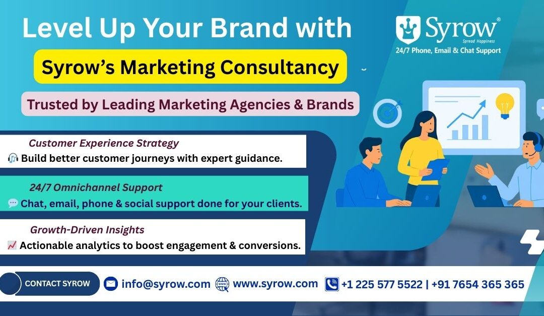 "Syrow Marketing Consultancy banner showcasing customer experience strategy, 24/7 omnichannel support, and growth-driven insights. The design includes illustrated professionals collaborating, analytics charts, and contact details for Syrow’s phone, email, and chat support services. Headline reads ‘Level Up Your Brand with Syrow’s Marketing Consultancy’ and highlights trust from leading marketing agencies and brands."