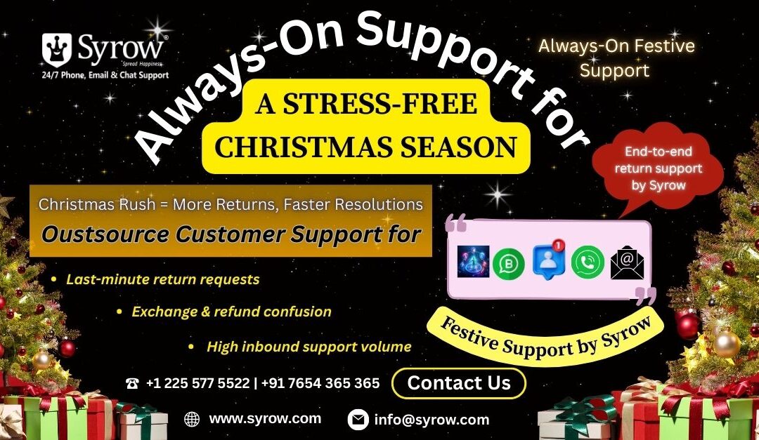 “Festive Christmas-themed poster by Syrow promoting always-on customer support for a stress-free Christmas season, highlighting 24/7 phone, email, and chat support, end-to-end return and exchange assistance, high inbound support handling, and omnichannel customer service for e-commerce during the Christmas rush.”