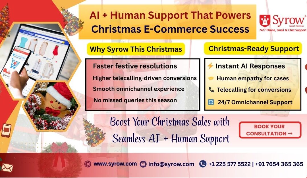 "Christmas-themed promotional graphic for Syrow’s AI + Human Support for e-commerce businesses. The design highlights benefits such as faster festive resolutions, higher telecalling conversions, smooth omnichannel experience, instant AI responses, human empathy, and 24/7 omnichannel support. Images include Christmas shopping visuals, festive decorations, and contact details with a 'Book Your Consultation' button."