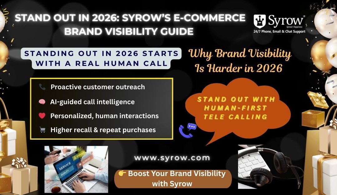 Promotional banner for Syrow’s E-commerce Brand Visibility Guide 2026 featuring festive New Year visuals, customer support headset imagery, and key highlights like proactive customer outreach, AI-guided call intelligence, personalized human interactions, and higher brand recall, emphasizing human-first telecalling for online brands.
