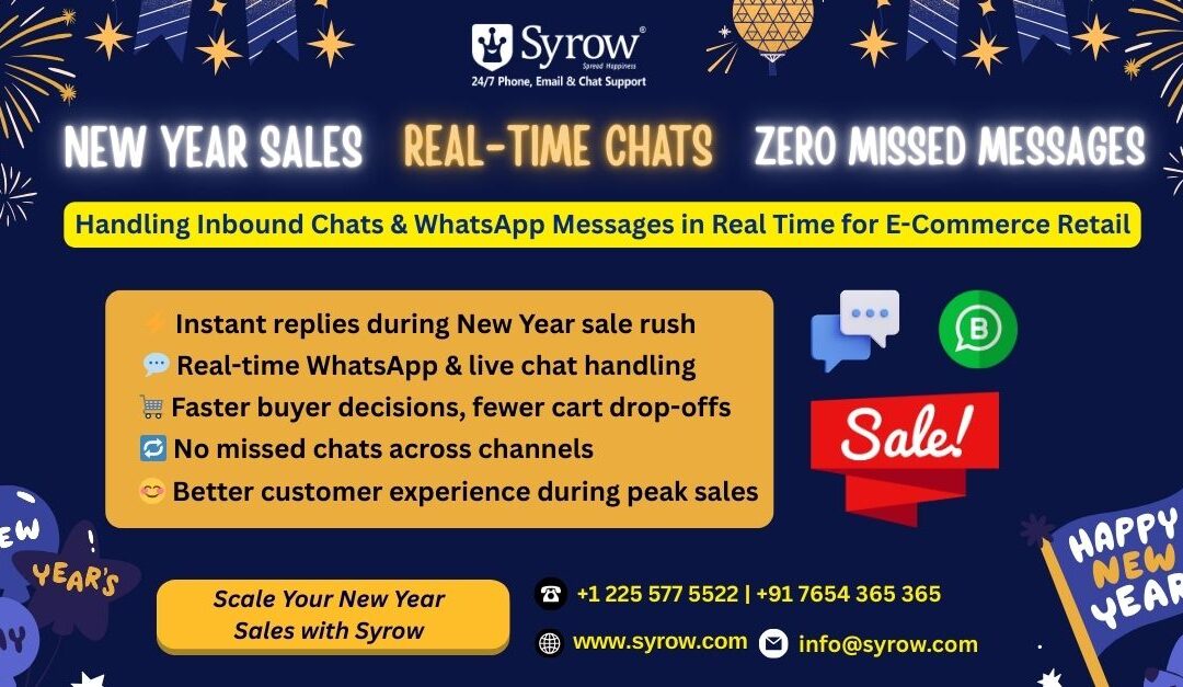 Syrow New Year sales banner showcasing real-time WhatsApp and live chat support for e-commerce retail, highlighting instant replies, zero missed messages, faster buyer decisions, and improved customer experience during peak New Year sales.