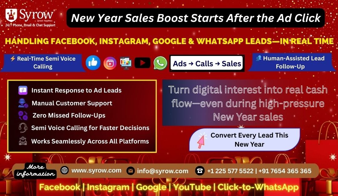 New Year sales promotional poster by Syrow highlighting real-time handling of Facebook, Instagram, Google, and WhatsApp leads, featuring semi voice calling, human-assisted lead follow-up, instant response to ad leads, zero missed follow-ups, and a message about converting digital interest into real cash flow during high-pressure New Year sales.