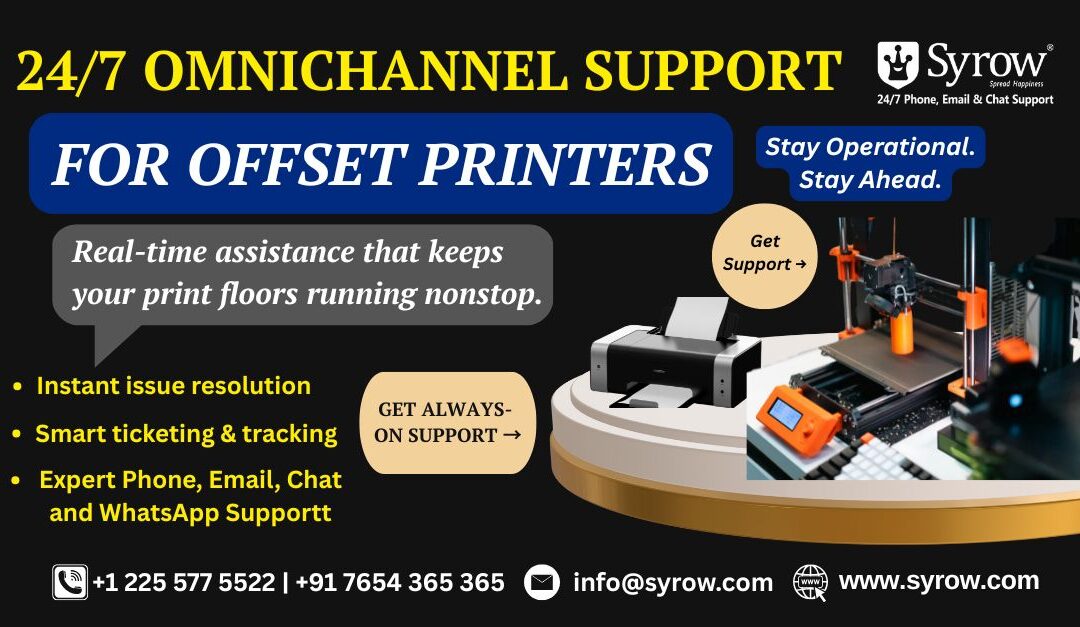 “Banner promoting Syrow’s 24/7 omnichannel support for offset printers, highlighting real-time assistance, instant issue resolution, smart ticketing, and expert support via phone, email, chat, and WhatsApp. Includes printer visuals, support icons, and Syrow contact details.”
