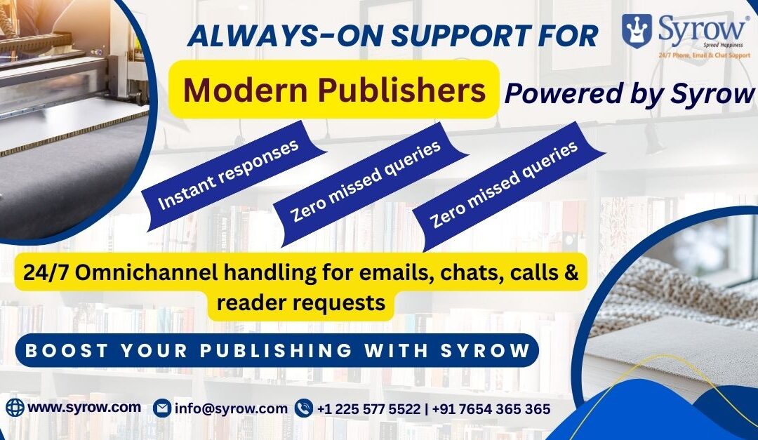 "Syrow’s 24/7 omnichannel customer support banner showing instant responses and zero missed queries for modern publishers, highlighting email, chat, call, and reader request handling with Syrow branding and contact details."