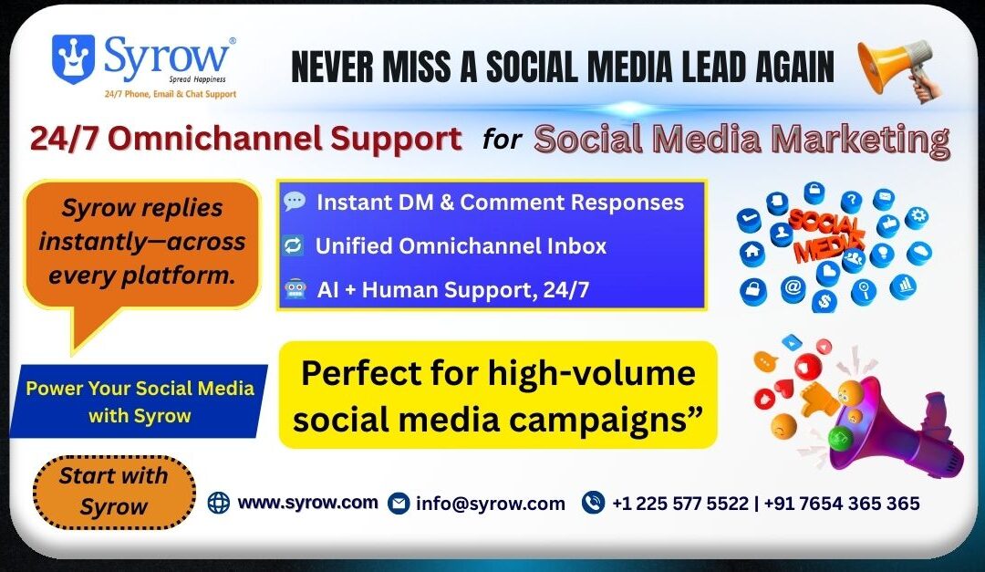 Promotional banner for Syrow showcasing 24/7 omnichannel customer support for social media marketing, highlighting instant DM and comment responses, a unified omnichannel inbox, and AI plus human support, with the message “Never miss a social media lead again” and Syrow branding, contact details, and social media icons.