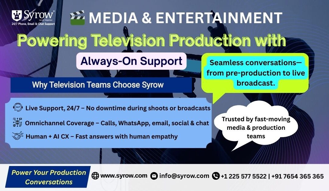 “Syrow media and entertainment blog poster highlighting 24/7 omnichannel customer support for television production, featuring always-on live support, omnichannel coverage across calls, WhatsApp, email, social media and chat, and AI plus human customer experience for seamless communication from pre-production to live broadcast.”