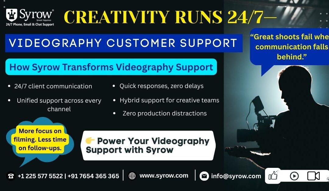 Promotional poster by Syrow highlighting 24/7 videography customer support, featuring a silhouetted videographer filming with a camera, text emphasizing “Creativity Runs 24/7,” omnichannel support, fast client communication, unified channels, zero delays, and a call to action to power videography support with Syrow, along with contact details and website.