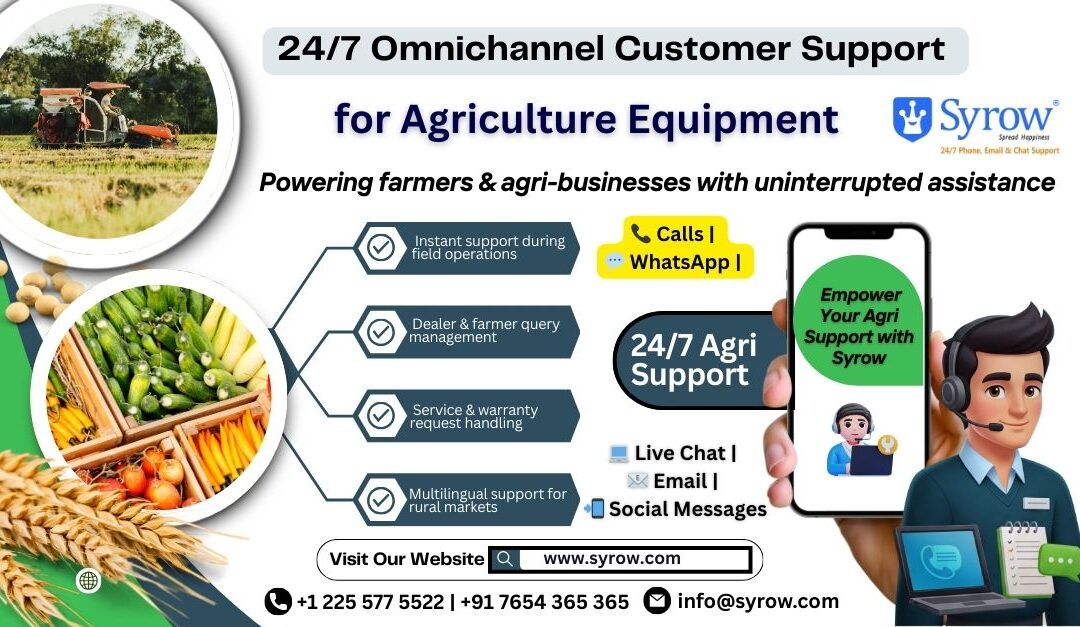Promotional banner showing Syrow’s 24/7 omnichannel customer support for agriculture equipment, featuring tractors and fresh produce visuals, icons for calls, WhatsApp, live chat, email, and social messaging, highlighting instant field support, dealer and farmer query management, service and warranty handling, and multilingual rural support.
