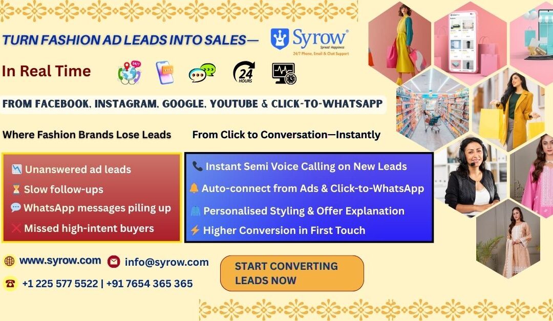 Promotional banner for Syrow highlighting real-time semi voice calling to convert fashion ad leads into sales, featuring apparel shopping visuals, customer support agent, social media lead sources like Facebook, Instagram, Google, YouTube, Click-to-WhatsApp, and benefits such as instant lead calling, personalized styling, faster follow-ups, and higher conversion rates for apparel and fashion stores during Pongal.