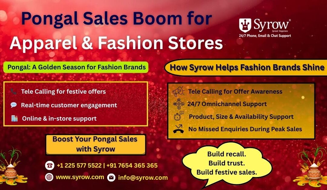 Pongal sales promotion banner for apparel and fashion stores highlighting Syrow’s 24/7 omnichannel customer support, telecalling for festive offers, real-time customer engagement, product and size enquiry handling, and no missed customer enquiries during peak Pongal sales.