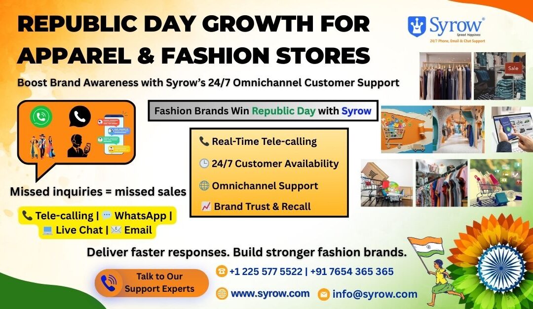 Republic Day promotional poster highlighting Syrow’s 24/7 omnichannel customer support for apparel and fashion stores, showcasing tele-calling, WhatsApp, live chat, and email support to boost brand awareness, prevent missed sales inquiries, and drive faster customer responses during Republic Day fashion sales.