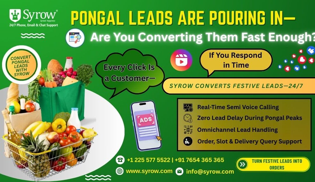 Promotional banner for Syrow showing Pongal grocery leads conversion with 24/7 customer support, featuring a grocery basket, digital ads, real-time semi voice calling, omnichannel lead handling, and festive lead-to-order support for grocery and hyperlocal delivery platforms.