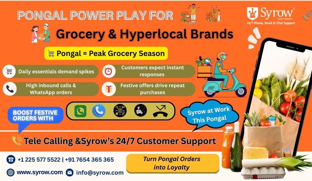 Pongal marketing poster for grocery and hyperlocal delivery platforms showing fresh vegetables in a grocery bag, a delivery executive on a scooter, and festive Pongal illustrations. The graphic highlights Pongal as a peak grocery season with increased daily essentials demand, high inbound calls and WhatsApp orders, and the need for instant customer responses. It promotes tele calling and Syrow’s 24/7 customer support for helping grocery and hyperlocal brands boost festive orders and build customer loyalty.