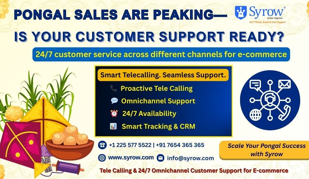Pongal-themed e-commerce banner by Syrow highlighting 24/7 omnichannel customer support and smart telecalling services, featuring festive Pongal elements like sugarcane, sweets, and a pot, with text emphasizing proactive telecalling, omnichannel support, CRM tracking, and scaling e-commerce success during Pongal sales.