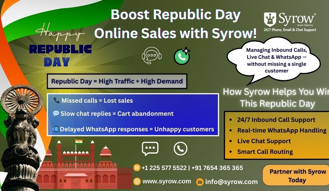 Republic Day e-commerce sales, Republic Day online sales, Syrow customer support services, omnichannel customer support, inbound call management, live chat support, WhatsApp customer support, 24/7 customer support India, festive season e-commerce sales, outsourcing customer support, e-commerce customer service India, flexible customer support services, Republic Day marketing strategy, customer experience for e-commerce