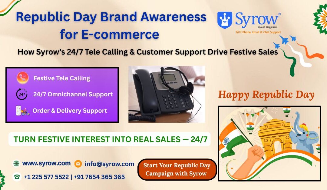 Republic Day themed e-commerce promotional poster by Syrow showcasing brand awareness and festive sales support. The design features the headline “Republic Day Brand Awareness for E-commerce” with Syrow branding, visuals of a customer support desk phone, festive Indian illustrations, and highlights such as 24/7 tele calling, omnichannel customer support, and order & delivery assistance. Includes a call-to-action encouraging businesses to start their Republic Day campaign with Syrow, along with contact details and patriotic tricolour elements.
