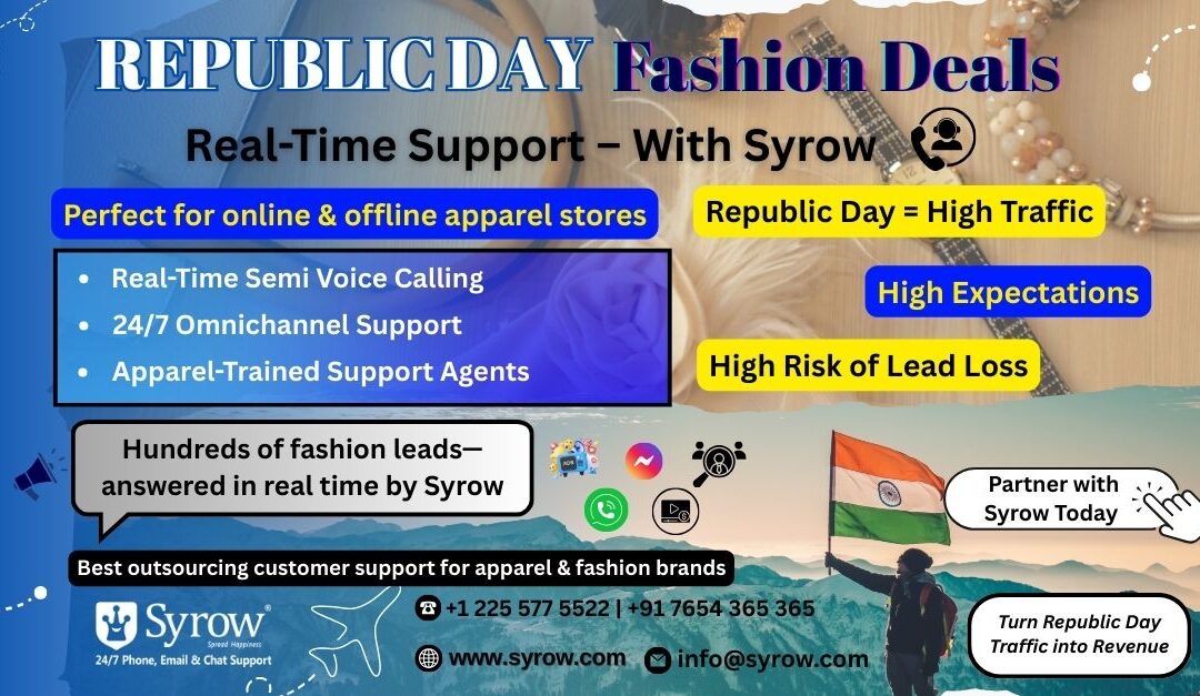 Republic Day fashion deals poster promoting Syrow’s real-time omnichannel customer support for apparel brands, highlighting 24/7 support, semi voice calling, apparel-trained agents, high traffic Republic Day sales, and converting fashion leads into revenue, with Indian flag and contact details.