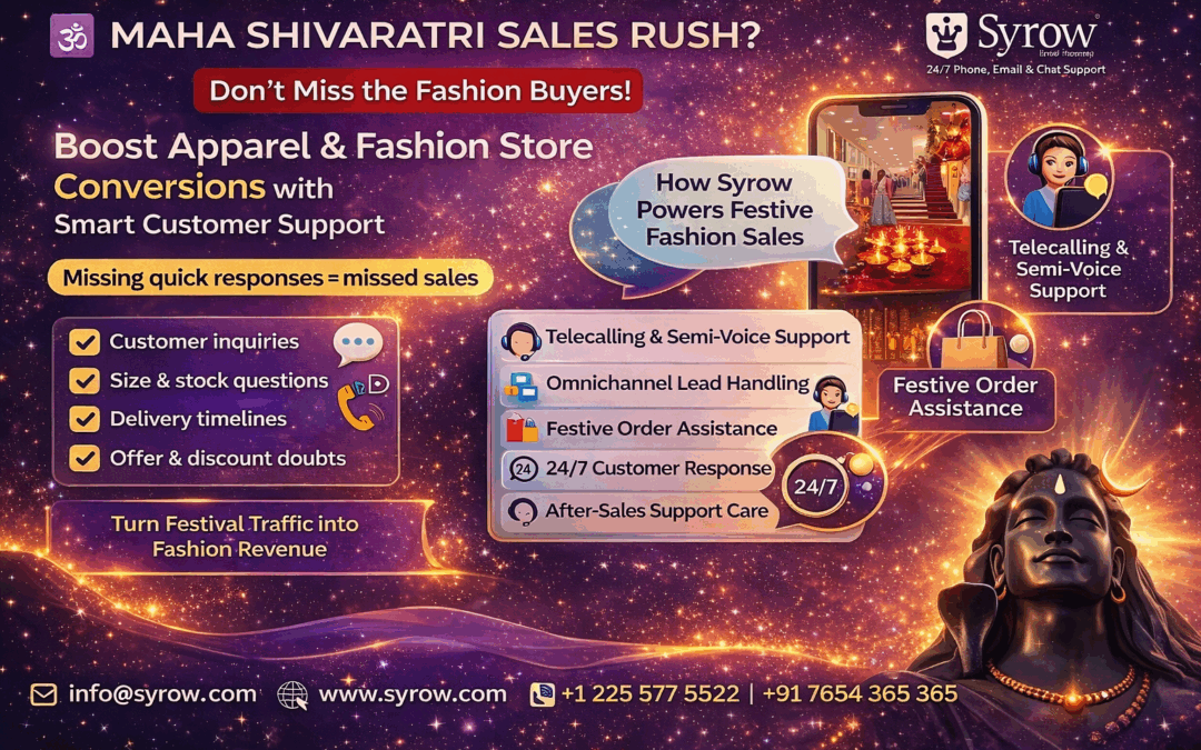 Promotional Maha Shivaratri banner for Syrow showing Lord Shiva artwork and festive visuals, advertising smart customer support for apparel and fashion stores, highlighting telecalling, omnichannel lead handling, 24/7 response, and after-sales support to boost festive sales conversions.