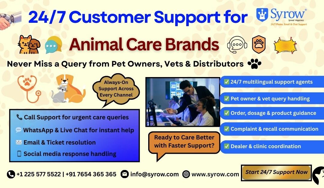 Poster promoting Syrow’s 24/7 customer support for animal care brands, highlighting multilingual omnichannel services including call, WhatsApp, chat, email, and social media support, with features like pet owner and vet query handling, order and dosage guidance, complaint communication, and dealer coordination, plus contact details and a “Start 24/7 Support Now” call-to-action.