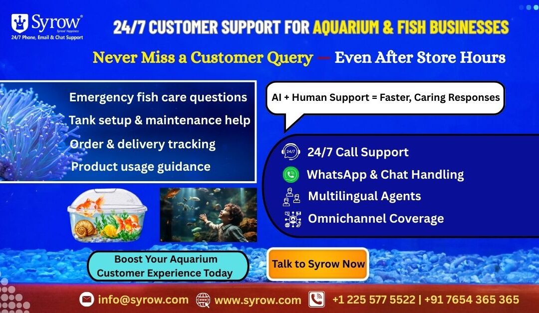Alt text: Promotional banner by Syrow advertising 24/7 customer support for aquarium and fish businesses, highlighting AI + human support, emergency fish care help, tank setup guidance, order tracking, WhatsApp and chat handling, multilingual agents, and omnichannel coverage, with aquarium visuals and contact details.