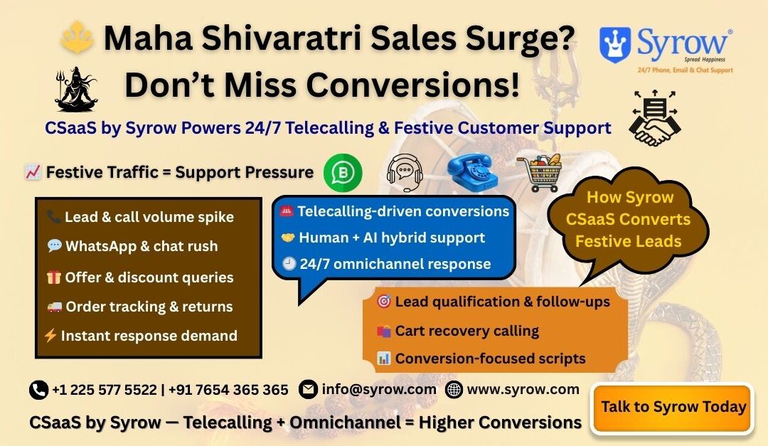 Maha Shivaratri festive sales poster highlighting CSaaS by Syrow for e-commerce, showcasing 24/7 telecalling, omnichannel customer support, WhatsApp and chat handling, lead qualification, cart recovery, and conversion-focused festive customer service.