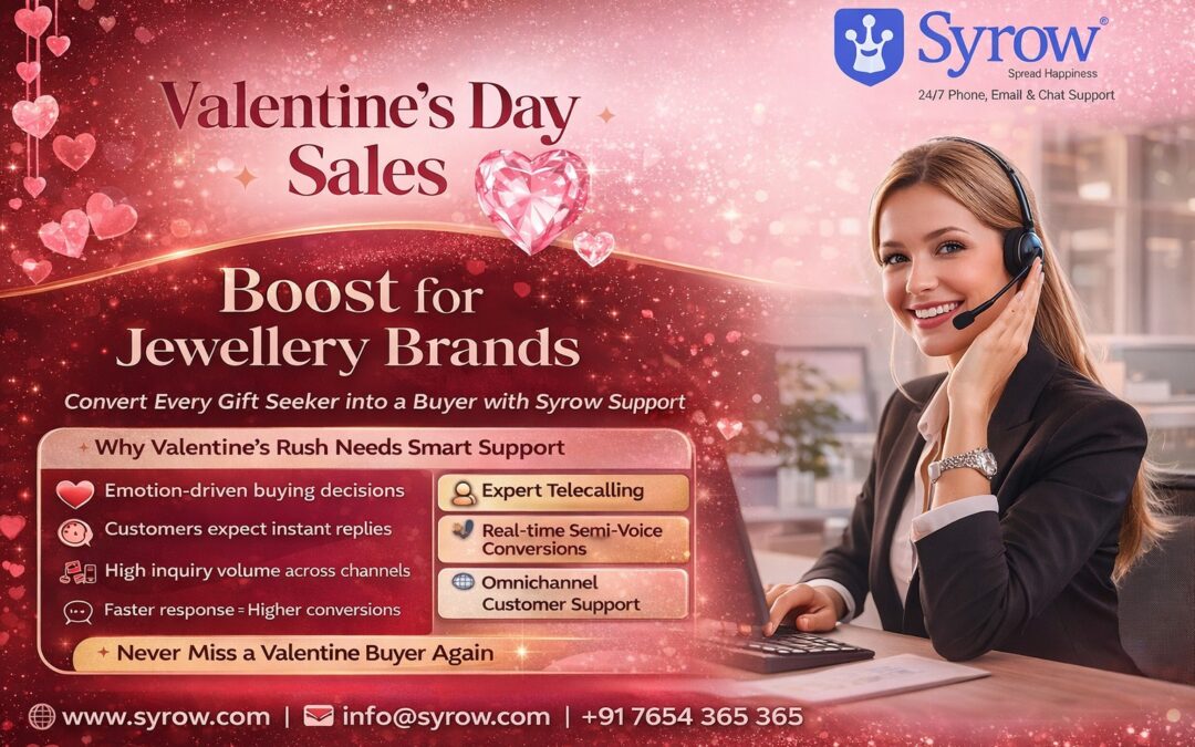 Valentine’s Day promotional banner by Syrow showing a smiling customer support agent with headset, highlighting Valentine’s Day sales boost for jewelry brands and advertising 24/7 omnichannel outsourcing support services.