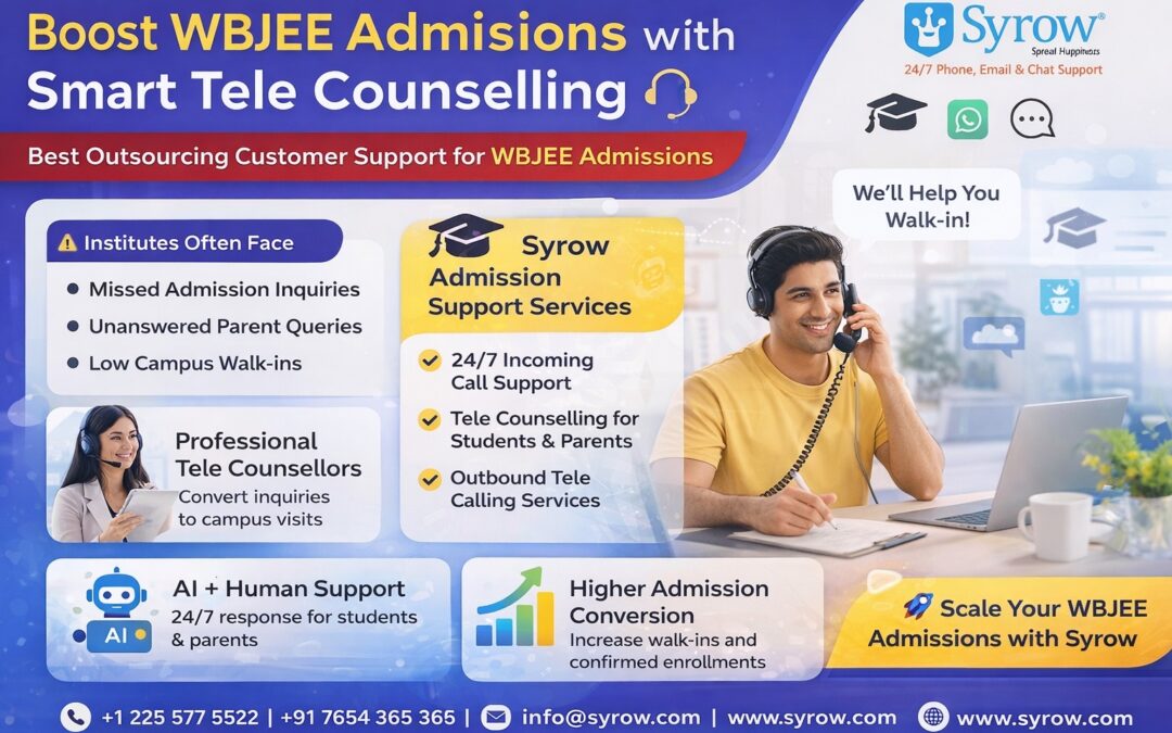 Promotional banner for Syrow showcasing outsourcing customer support for WBJEE admissions, featuring telecalling and tele-counselling services that help educational institutes boost campus walk-ins, handle student and parent inquiries 24/7, and increase admission conversions through AI and human support.Promotional banner for Syrow showcasing outsourcing customer support for WBJEE admissions, featuring telecalling and tele-counselling services that help educational institutes boost campus walk-ins, handle student and parent inquiries 24/7, and increase admission conversions through AI and human support.