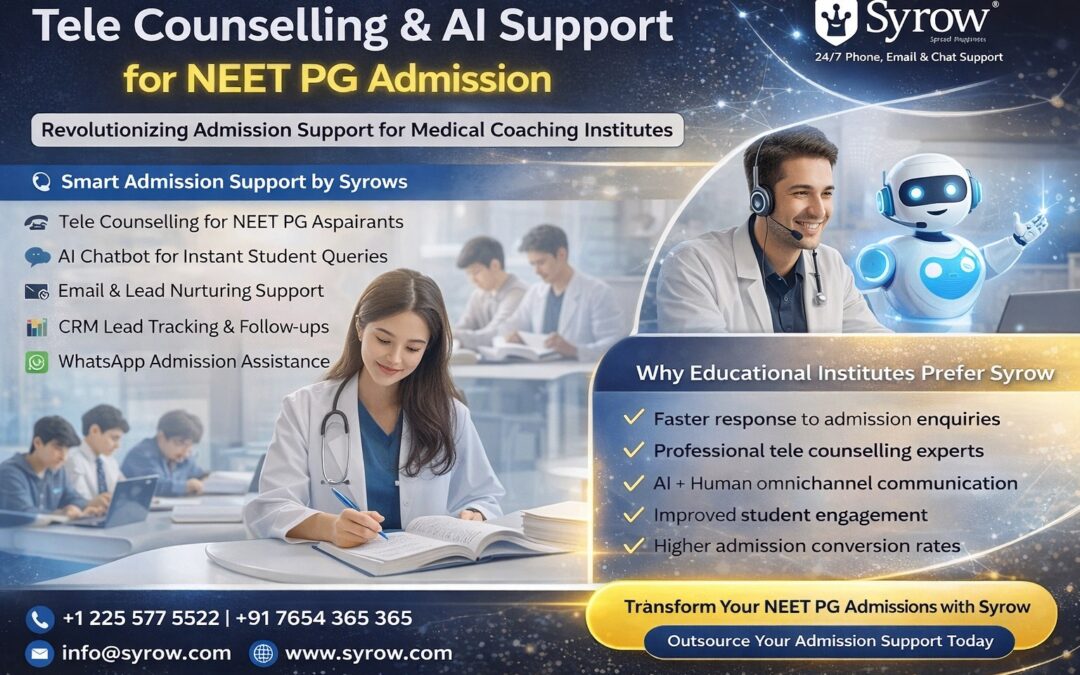 Modern promotional banner for Syrow showcasing tele counselling and AI support services for NEET PG admissions, highlighting services like AI chatbot, tele counselling, CRM lead tracking, WhatsApp assistance, and benefits such as faster response, expert counsellors, and improved admission conversion rates.