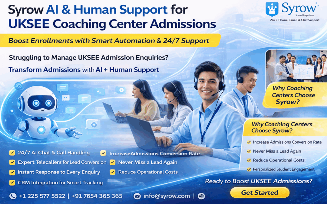 Promotional banner for Syrow AI & Human Support for UKSEE Coaching Center Admissions featuring customer support agents with headsets and an AI chatbot illustration, highlighting 24/7 call and chat handling, telecalling, lead conversion, and increased admission rates with a “Get Started” call-to-action.