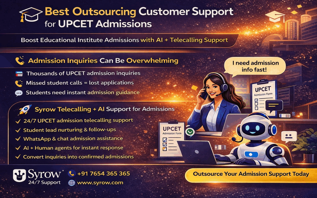 Banner showing Syrow’s outsourcing customer support for UPCET admissions, featuring a call center agent and AI robot providing 24/7 telecalling, student lead nurturing, WhatsApp chat support, and admission guidance to help educational institutes convert inquiries into confirmed admissions.