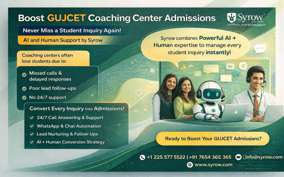 “Promotional banner for GUJCET coaching center admissions by Syrow, highlighting AI and human customer support services, including 24/7 call answering, WhatsApp automation, and lead follow-ups, with visuals of support staff and a chatbot assisting student inquiries.”
