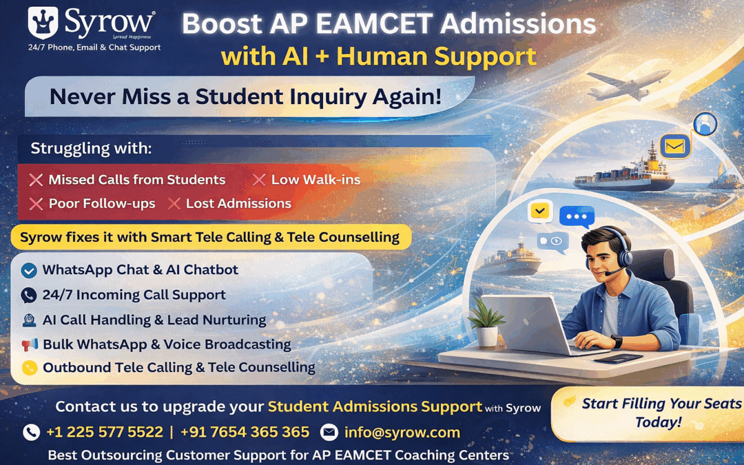 Promotional banner for Syrow showcasing AI and human support for AP EAMCET coaching admissions, featuring a customer support executive with headset, icons for chat and calls, and highlights like 24/7 support, AI chatbot, tele-calling, and lead nurturing services.